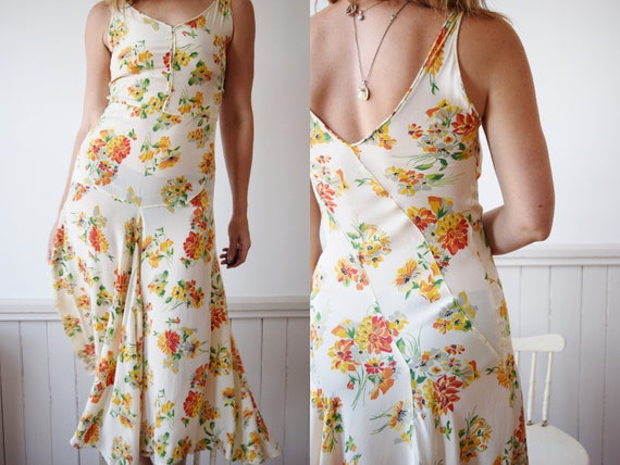 1930s Rayon Floral Nasturtiums Gown | Vintage 1930