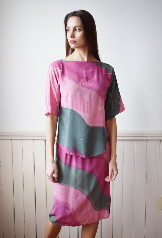 Vintage 1980s Painted Silk Set | Top and Skirt | … - image 2