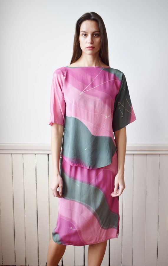 Vintage 1980s Painted Silk Set | Top and Skirt | … - image 1