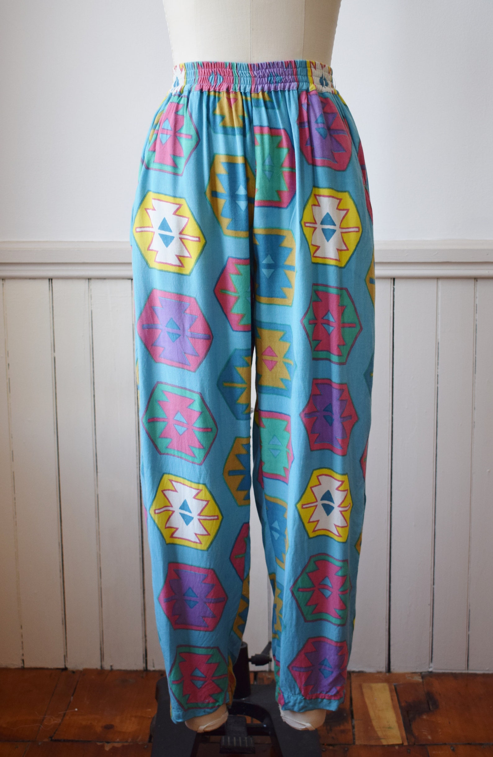 1980s Rayon Jam Pants Vintage 80 Bold Colorful Geometric Etsy