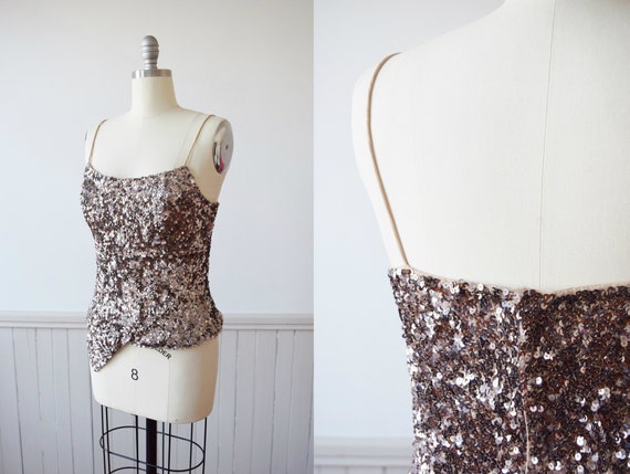 Caché Pink Champagne Sequined Tank | 1990s Vintage