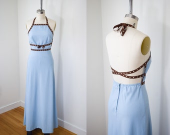 Vintage 1990s Backless Maxi Dress by NR1 | S | 90s Blue Floor Length Gown with Halter Neck and Open Back