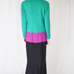 Vintage 1980s Oscar de la Renta Colorblock Gown M 80s/1990s Green Purple and Black Full Length Wool Dress image 5