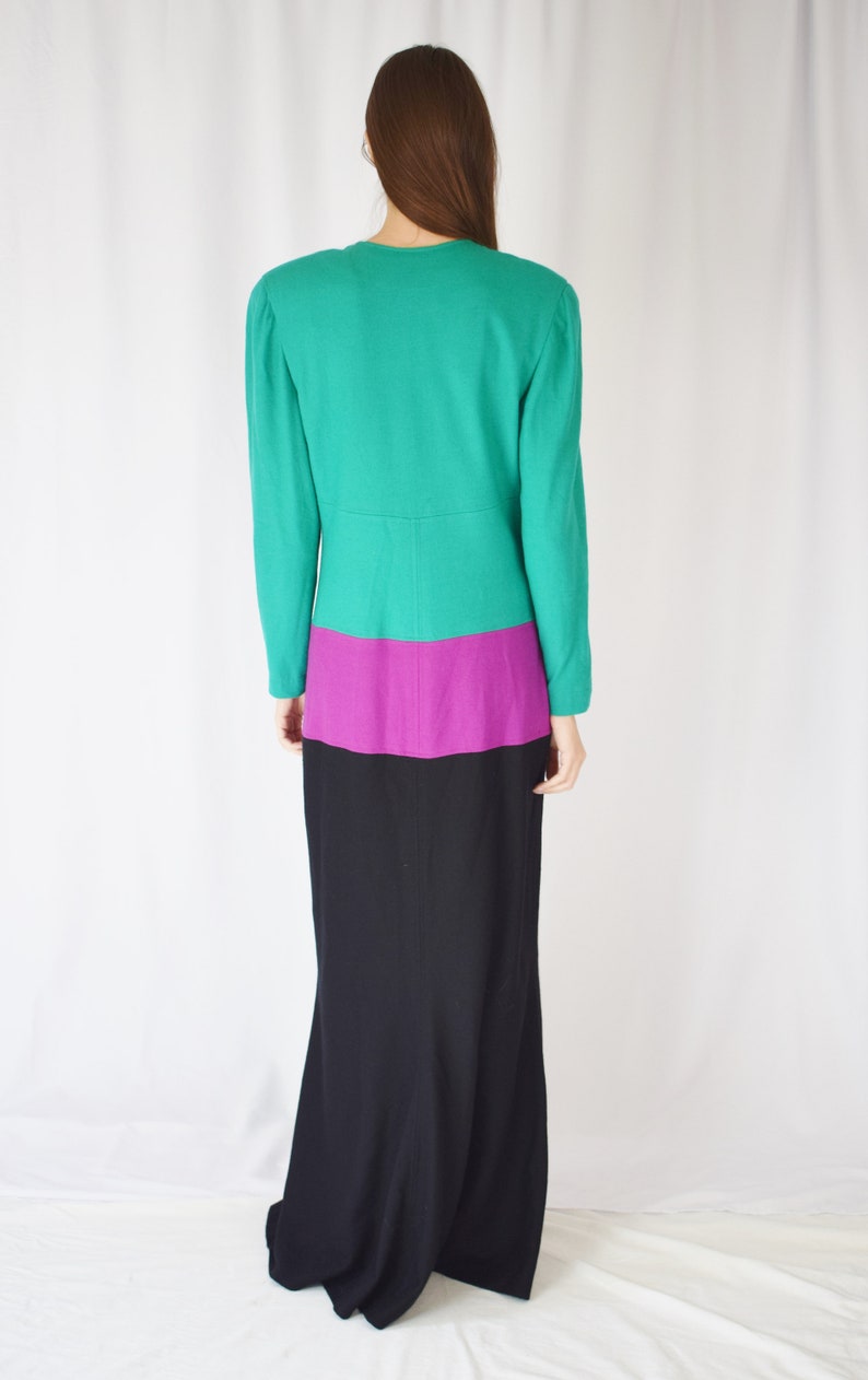 Vintage 1980s Oscar de la Renta Colorblock Gown M 80s/1990s Green Purple and Black Full Length Wool Dress image 5