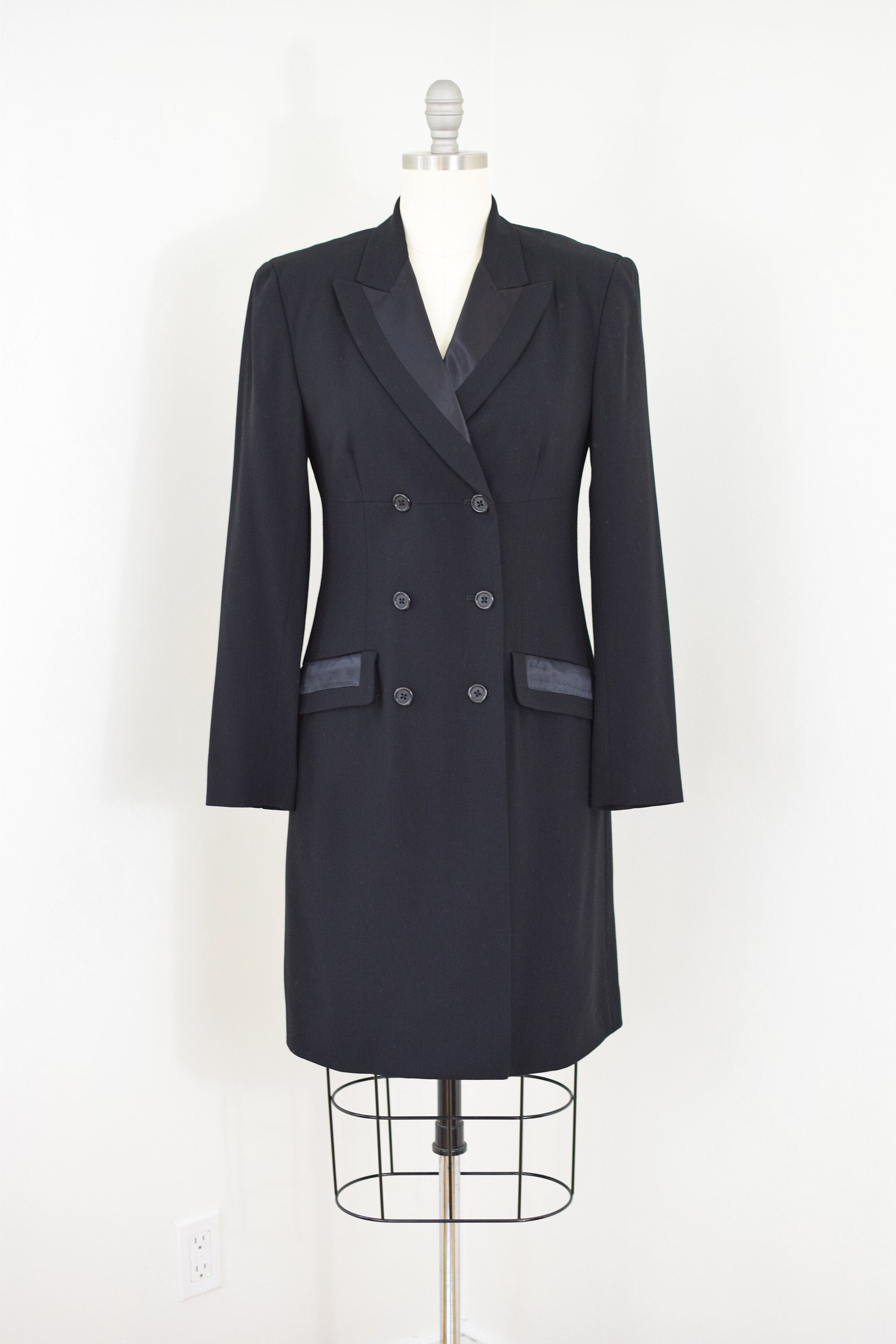 Vintage 1990s DKNY Tuxedo Jacket | XS | 90s Black Wool Coat by Donna Karan New York