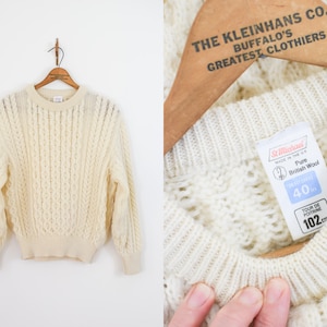 Vintage Wool Cable Knit Sweater | S/M | 1980s English Wool Fisherman&#39;s Sweater