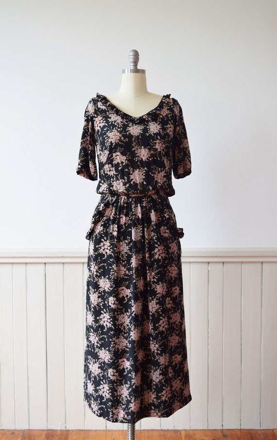 1970s/1980s Gina Fratini Dark Floral Silk Dress |