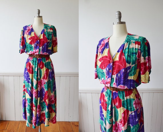 Vintage Tropical Rayon Day Dress | 1990s | M