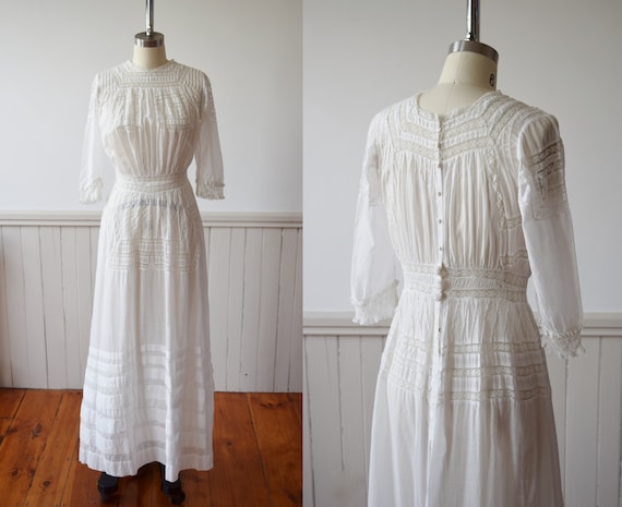 Edwardian Cotton and Lace Gown | 1910s Antique Law