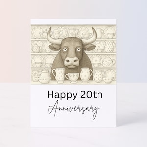 20th Anniversary Card – China Gift Theme – Bull in a China Shop – Printable Wedding Anniversary – Humorous Minimalist Digital Card