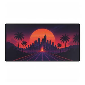 Alfombrilla de escritorio Synthwave: alfombrilla de ratón con estética retro de los 80 para gamers y creadores. Decoración de oficina con atardecer neón de Vaporwave.
