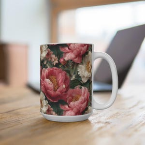 Peony Bloom Floral Mug - Pink Watercolor Peonies Coffee Cup - Romantic Cottagecore Gift - 15oz Ceramic - Dishwasher Microwave Safe