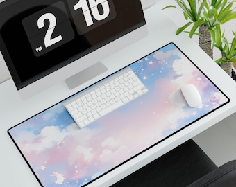 Kawaii Bunny Desk Mat – Enchanted Skyline Pastel Extended Mouse Pad