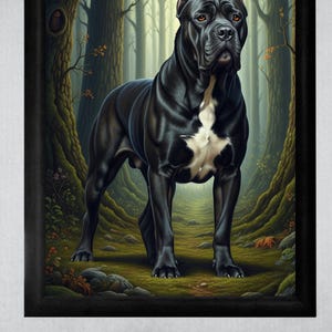May include: A framed wall art print featuring a black Cane Corso dog with a white chest patch standing in a forest. The dog has alert eyes and a muscular build. Below the black frame, the text Printable Wall Art is displayed in black font.