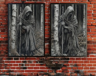Baba Yaga art print set, Slavic folklore witch, Gothic witch wall decor, Dark forest crone illustration
