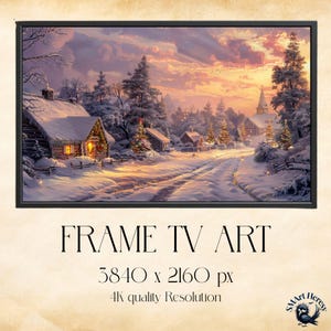 May include: A framed winter landscape painting with snow-covered houses, trees, and a road leading to a church. The sky is a mix of orange, pink, and purple hues. The text "FRAME TV ART" is displayed below the image.