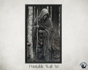 Baba Yaga Wall Art Printable Download, Slavic Folklore Art, Dark Academia Decor, Witchcore Wall Art, Gothic Forest Print, Mythology Artwork
