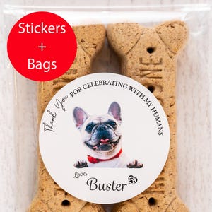 Custom Dog Treat Favor Bags and Stickers - Personalized Wedding Doggy Bag Labels - Pet Photo Portrait - Dog Birthday Party - DIY Favor