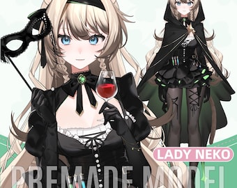 Könnte beinhalten: Digitale Illustration eines Charakters mit Katzenohren, der ein Glas Rotwein und eine schwarze Maske hält. Der Charakter trägt ein schwarzes Kleid mit Schleife und einem grünen Edelstein. Der Text "PREMADE MODEL" ist sichtbar.