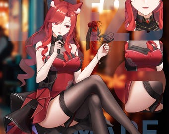 Könnte beinhalten: Anime-Illustration einer Frau mit roten Haaren und Katzenohren, die ein rotes Kleid mit schwarzen Akzenten und Oberschenkelstrümpfen trägt. Sie hält ein Mikrofon und eine dekorative Maske. Das Bild enthält den Text "MADE".