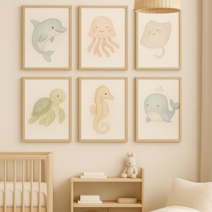 Pósteres de animales marinos para habitaciones infantiles – set de 6 impresiones digitales A4: delfín, medusa, raya, tortuga, caballito de mar, ballena – motivos de acuarela pastel