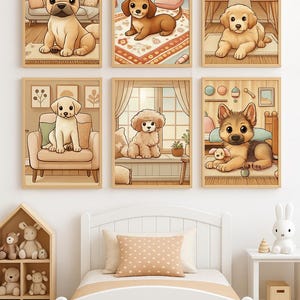 6 adorables pósteres de cachorros (impresiones digitales A4): Bulldog, Dachshund, Retriever, Labrador, Caniche, Pastor Alemán – Decoración para habitación infantil