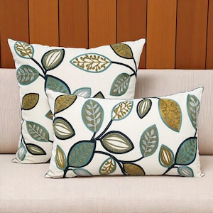 Leaf Embroidered Cushion Cover | Boho Chic Farmhouse Throw Pillow for Couch | Decorative Botanical Accent case | Perfect Home Décor Gift
