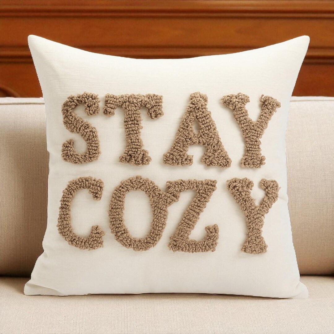 Image showcasing Tufted 'stay Cozy' Pillow Cover: Boho Farmhouse Winter Decor - Etsy