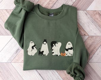 Halloween Black Cat & Ghost Sweatshirt: Spooky Season Outfit