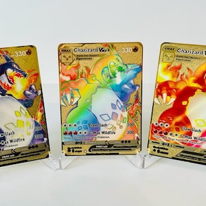Charizard VMAX Lot de 3 cartes en métal doré | Collection Dracaufeu | Idée cadeau Pokémon