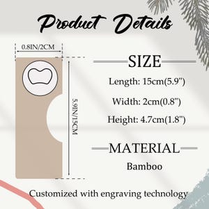 May include: A bamboo bottle opener with dimensions of 5.9 inches (15cm) in length, 0.8 inches (2cm) in width, and 1.8 inches (4.7cm) in height. The product details include the size and material, and it is customized with engraving technology.