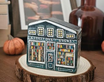 Hand-Painted Miniature Bookstore - Reading Nook Decor, Bookshop Shelf Sitter, Gift For Book Lover