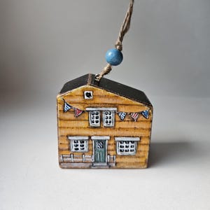 Hand-Painted Seaside Miniature House - Charming Yellow Coastal Cottage with Seagulls, Nautical Flags & Lifebuoy Decor