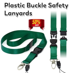 May include: Green plastic buckle safety lanyards with black plastic buckles and silver-colored metal clasps. The image includes a lanyard with a 50% off banner and close-ups of the buckle and clasp components.