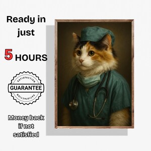 Gepersonaliseerde kat chirurg portret gepersonaliseerde kat politie kunstafdruk grappige kat muur kunst huisdier illustratie cadeau voor kattenliefhebbers