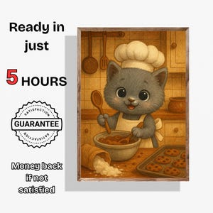 Aangepaste kat chef portret gepersonaliseerde kat keuken kunst print grappige kat muur kunst huisdier illustratie cadeau voor kattenliefhebbers