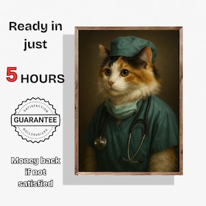 Ritratto personalizzato di un chirurgo felino, stampa artistica personalizzata di un poliziotto felino, divertente illustrazione da parete con gatto, regalo per gli amanti dei gatti