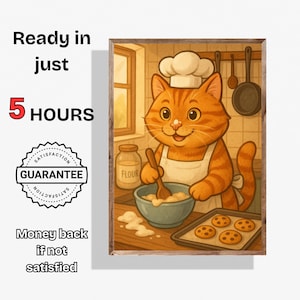 Aangepaste kat chef portret gepersonaliseerde kat keuken kunst print grappige kat muur kunst huisdier illustratie cadeau voor kattenliefhebbers