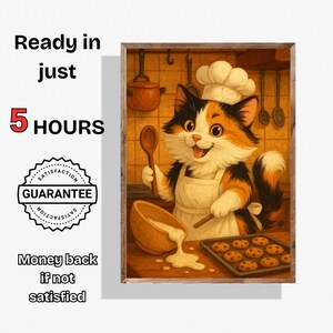 Aangepaste kat chef portret gepersonaliseerde kat keuken kunst print grappige kat muur kunst huisdier illustratie cadeau voor kattenliefhebbers