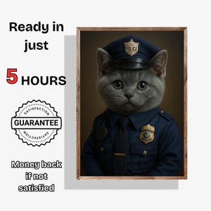 Spersonalizowany wydruk artystyczny Cat Police Niestandardowy portret Cat Officer Zabawna sztuka ścienna Cat Ilustracja zwierzaka Prezent dla miłośników kotów