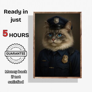 Funny Cat Wall Art huisdier illustratie cadeau voor kattenliefhebbers Gepersonaliseerde Cat Officer Art Print Custom politie portret kat