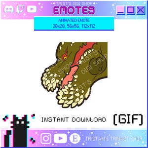 Puede incluir: Emoticón animado que presenta una cabeza de monstruo verde con boca roja y ojos amarillos. La imagen incluye el texto "EMOTES" y "ANIMATED EMOTE" con especificaciones de tamaño. También están presentes las palabras "INSTANT DOWNLOAD" y "(GIF)".