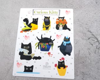 Cat Sticker Sheet | Tiny Black Kitty Themed Envelope, Planner Stickers