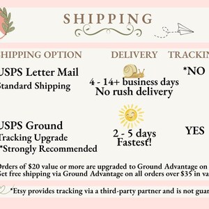 May include: A light pink informational graphic titled SHIPPING with a small bird illustration. It lists USPS Letter Mail with a snail icon and USPS Ground with a sun icon, detailing delivery times, tracking availability, and order value policies.