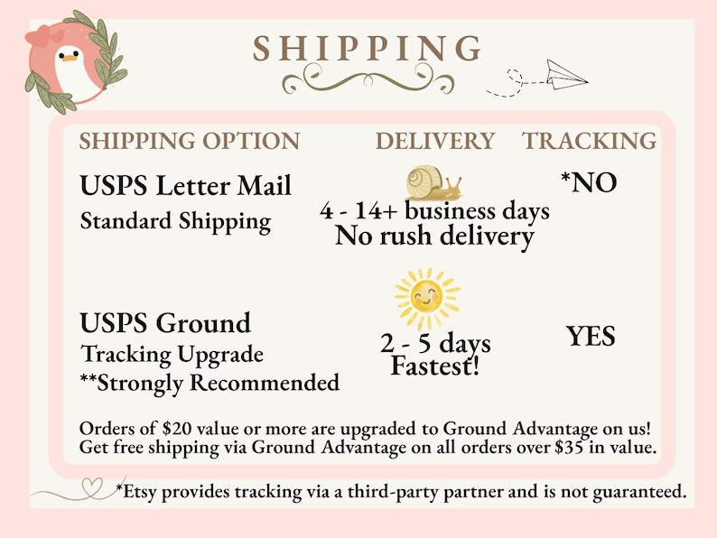 May include: A light pink informational graphic titled SHIPPING with a small bird illustration. It lists USPS Letter Mail with a snail icon and USPS Ground with a sun icon, detailing delivery times, tracking availability, and order value policies.
