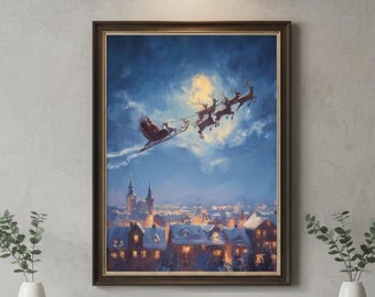 May include: A framed Christmas-themed painting depicts Santa Claus in his sleigh, pulled by reindeer, flying over a snow-covered town at night. The artwork is displayed above a wooden console table with decorative vases.