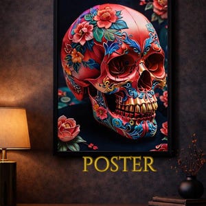 Poster - Floral Red Skull Wall Art - Japanese Gothic Decor - Luxury Skull Art Print - Dark Aesthetic Statement Wall Art