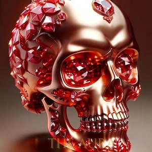 Może przedstawiać: Szczegółowa, metalowa rzeźba czaszki z polerowanym, złotym wykończeniem. Czaszka jest ozdobiona licznymi czerwonymi, fasetowanymi kamieniami szlachetnymi, w tym dużymi kamieniami w oczodołach. Obecne są również dekoracyjne wzory kwiatowe i liściaste.