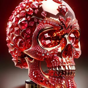 以下が含まれることがあります： 赤色の宝石とダイヤモンドで装飾された、詳細なスカルの彫刻。 金色の台座があり、装飾的で人目を引くデザインです。 装飾品として、豪華で詳細な外観をしています。