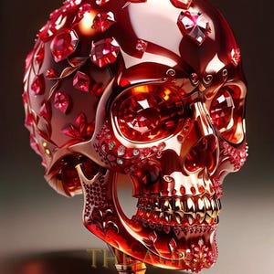 以下が含まれることがあります： 多数のファセット宝石と花の装飾が施された、詳細な赤い頭蓋骨の彫刻。眼窩は大きく、歯は金色です。彫刻は光沢のある仕上げで、暗い背景に配置されています。